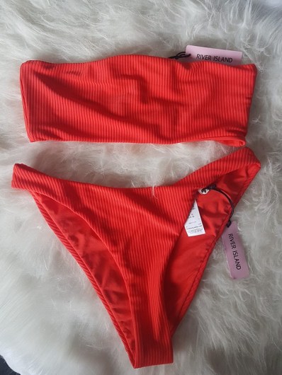 Red Ribbed Bandeau High Leg Bikini